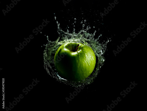 A fresh green apple splashing in water, isolated on white, shallow depth of field, Illustrative Generative AI