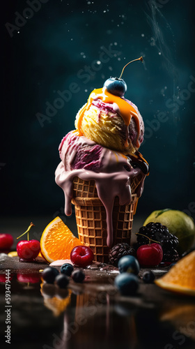 Blueberry and Orange Ice Cream Cone with berries - Generative AI