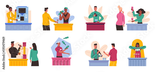 Bartenders make cocktails. Professionals at work. Drinks preparation. Barista making coffee. Barman cooking alcoholic beverages. People at cafe counters. Vector nightclub barkeepers set
