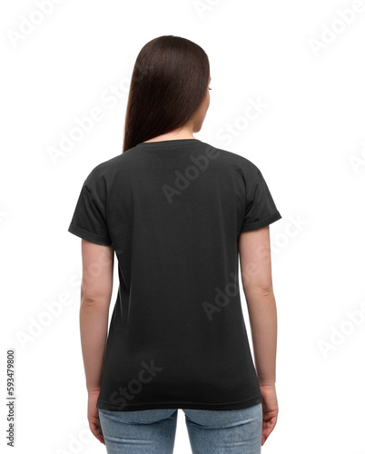 Woman wearing stylish black T-shirt on white background, back view