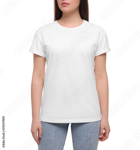 Woman wearing stylish T-shirt on white background, closeup