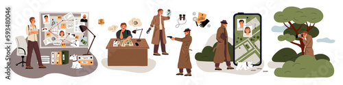 Cartoon private detective character. Man raincoat is investigating. Inspector searching evidences. Collects information. Investigator spying and finding suspects. Garish vector set