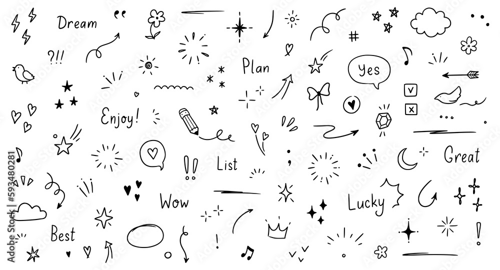 Doodle cute glitter pen line elements. Doodle heart, arrow, star, sparkle decoration symbol set icon. Simple sketch line style emphasis, attention, pattern elements. Vector illustration. - obrazy, fototapety, plakaty 