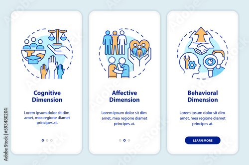 GCED conceptual dimensions onboarding mobile app screen. Walkthrough 3 steps editable graphic instructions with linear concepts. UI, UX, GUI template. Myriad Pro-Bold, Regular fonts used