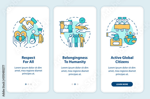 GCED aims onboarding mobile app screen. Global citizenship goals walkthrough 3 steps editable graphic instructions with linear concepts. UI, UX, GUI template. Myriad Pro-Bold, Regular fonts used