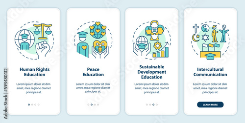 GCED experiences from onboarding mobile app screen. Education process walkthrough 4 steps editable graphic instructions with linear concepts. UI, UX, GUI template. Myriad Pro-Bold, Regular fonts used photo
