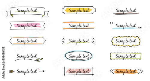 Text title frame handwriting ribbon, square, circle decoration element. Doodle cute title frame simple text box, label, tag. Hand drawn sketch style decoration. Vector illustration.