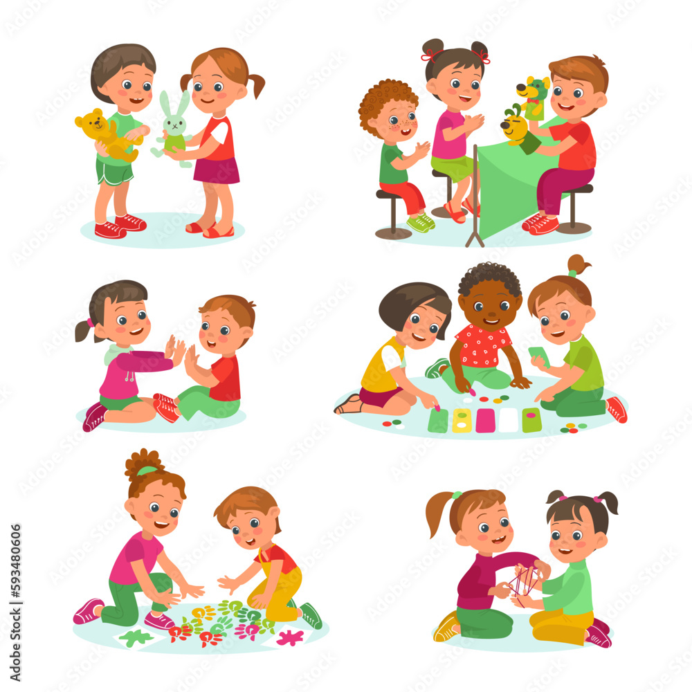 Children playing together. Kids group and pair activities. Boys and girls with different toys. Nursery fun. Table games. Cute little friends. Kindergarten leisure. Splendid vector set