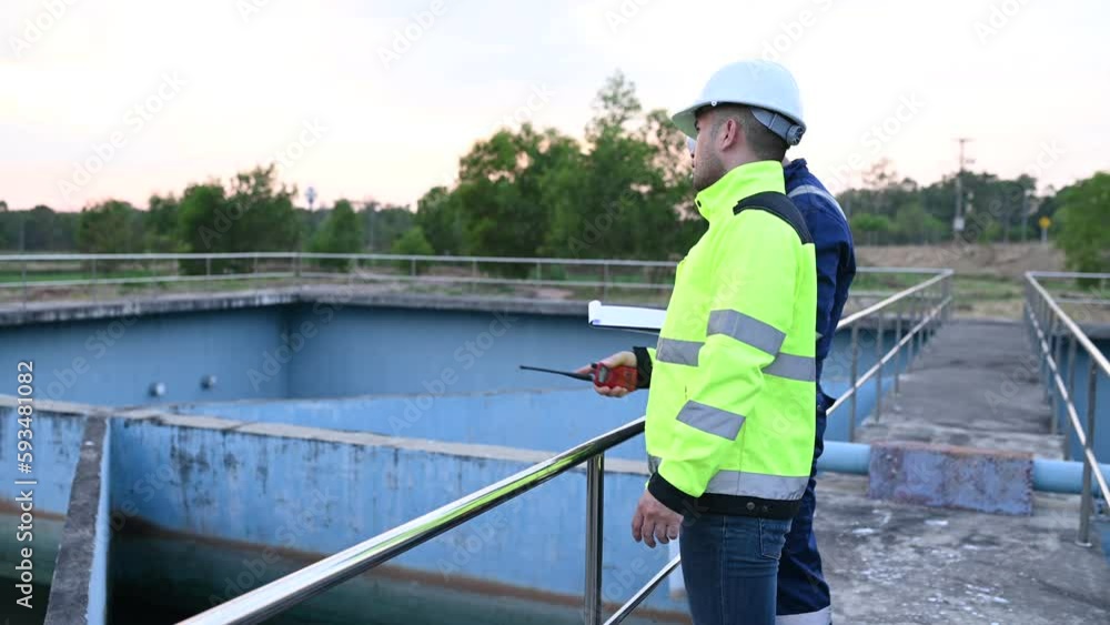 Environmental engineers work at wastewater treatment plants,Water supply engineering working at Water recycling plant for reuse,Technicians and engineers discuss work together. Environmental engineers work at wastewater treatment plants,Water supply engineering working at Water recycling plant for reuse,Technicians and engineers discuss work together.