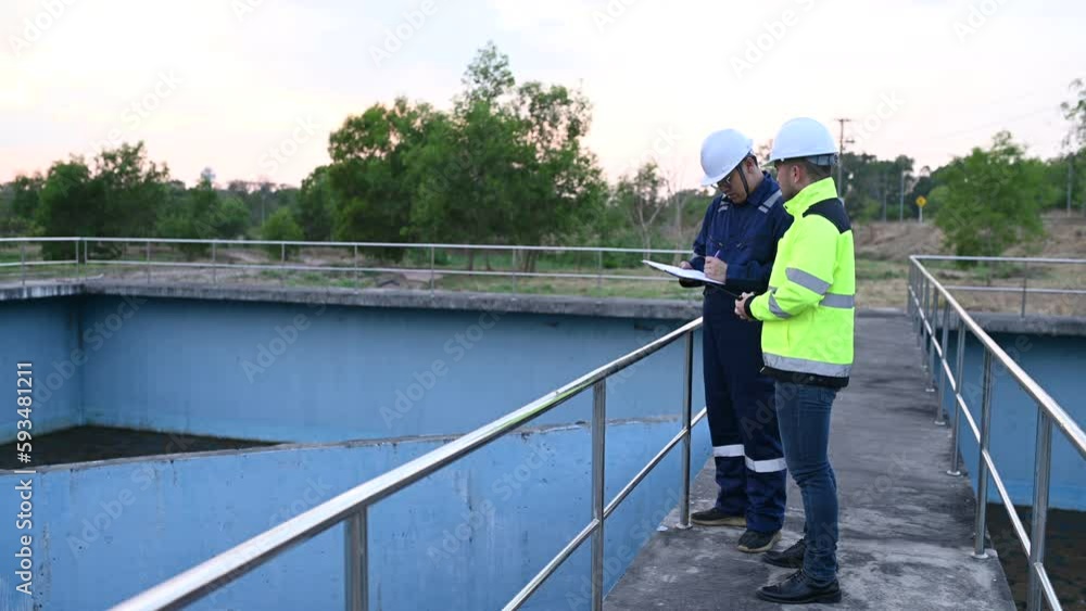 Environmental engineers work at wastewater treatment plants,Water supply engineering working at Water recycling plant for reuse,Technicians and engineers discuss work together. Environmental engineers work at wastewater treatment plants,Water supply engineering working at Water recycling plant for reuse,Technicians and engineers discuss work together.