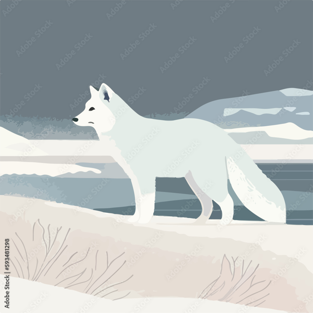 Arctic fox in snowy tundra. Arctic animals in natural habitat. Flat vector illustration concept. Generative AI
