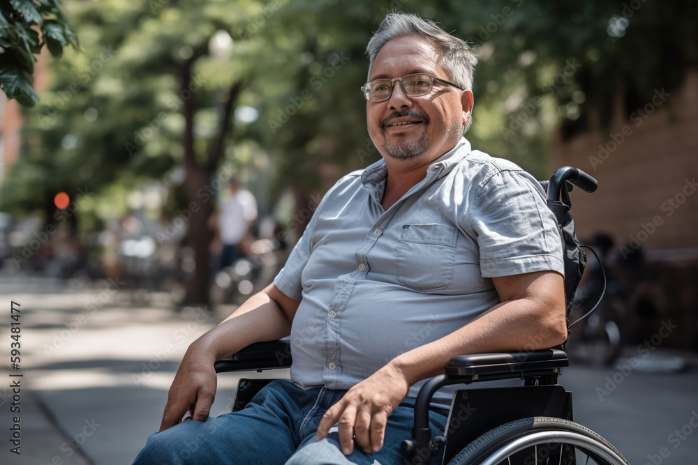 Fototapeta premium Adult man in wheelchair outdoors smiling. Generate by ai