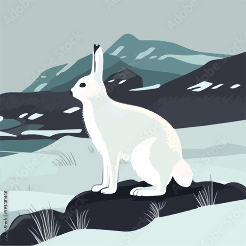 Arctic hare in snowy tundra. Arctic animals in natural habitat. Flat vector illustration concept. Generative AI