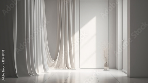 Minimalistic abstract gentle light grey background for product presentation with light and shadow of window curtains on wall. Generative AI image.
