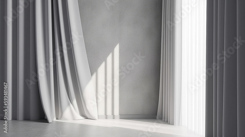 Minimalistic abstract gentle light grey background for product presentation with light and shadow of window curtains on wall. Generative AI image.