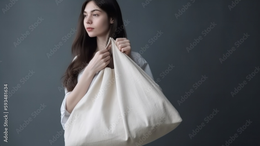 Woman holding canvas tote bag. Reusable eco bag. Eco friendly concept. Generative AI. Woman holding canvas tote bag. Reusable eco bag. Eco friendly concept. Generative AI.