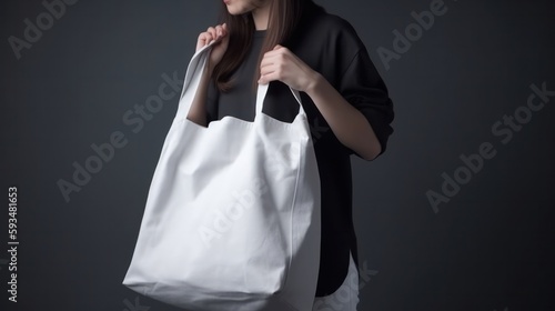 Woman holding canvas tote bag. Reusable eco bag. Eco friendly concept. Generative AI.