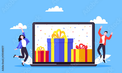 Get online reward and gifts, earn loyalty program points. Get loyalty card and customer service business concept flat design vector illustration. Tiny people with big gift boxes.