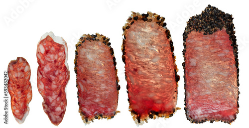 Cured pork sausage with spices, similar to fouettes, chorizo and saucisson. Closeup of charcuterie meat products food photography recipe idea. Isolated on white background