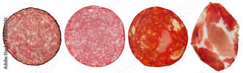 Cured pork sausage with spices, similar to fouettes, chorizo and saucisson. Closeup of charcuterie meat products food photography recipe idea. Isolated on white background