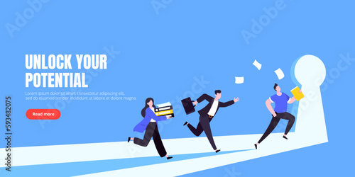 Unlock your opportunity concept with keyhole and ambitious people running to career potential and work financial success flat style vector illustration. New way business beginnings and unlock future.