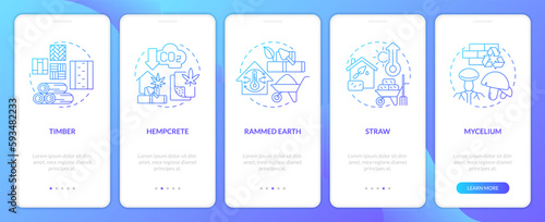 Bio based construction blue gradient onboarding mobile app screen. Walkthrough 5 steps graphic instructions with linear concepts. UI, UX, GUI template. Myriad Pro-Bold, Regular fonts used