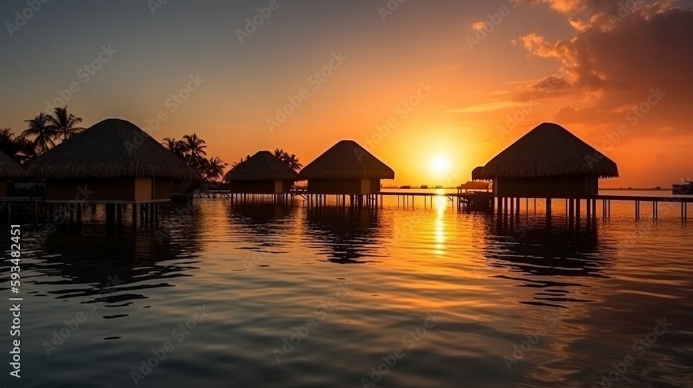 illustration, seascape bungalow, ai generative illustration, seascape bungalow, ai generative