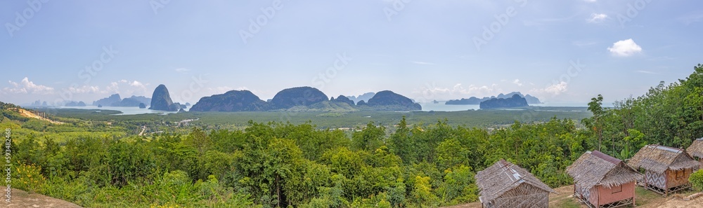Panoramic view of Phang Nga bay in Thailand taken from a high vantage point
