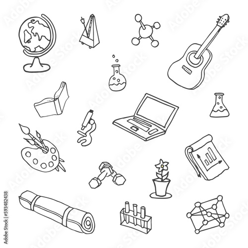 vector illustration. Set of activity objects: guitar, dumbbells, yoga mat, metronome, notebook, microscope, globe, brush, molecule, laptop. Hand drawn black and white sketch