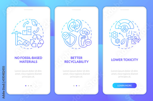 Bio based materials pros blue gradient onboarding mobile app screen. Walkthrough 3 steps graphic instructions with linear concepts. UI, UX, GUI template. Myriad Pro-Bold, Regular fonts used