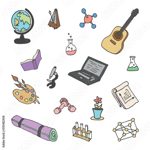 vector illustration. Set of activity objects: guitar, dumbbells, yoga mat, metronome, notebook, microscope, globe, brush, molecule, laptop. Hand drawn sketch in color