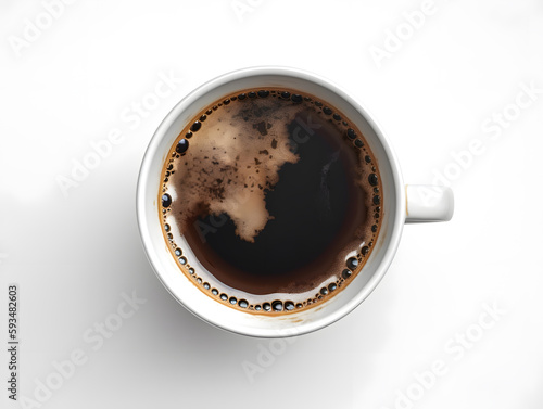 Bird's Eye View: Black Coffee in a White Cup on a Clean White Background