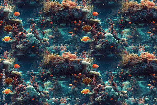 background with marine seamless pattern ornament with fish and underwater life on ocean. Generative AI illustration