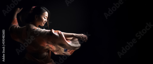 Japanese girl dancing with passion and grace, accompanied, showcasing her impressive talent and skill as a dancer on banner black background. generative AI