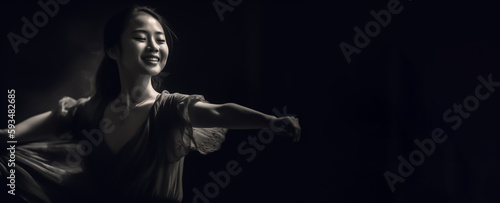 Japanese girl dancing with passion and grace, accompanied, showcasing her impressive talent and skill as a dancer on banner black background. generative AI