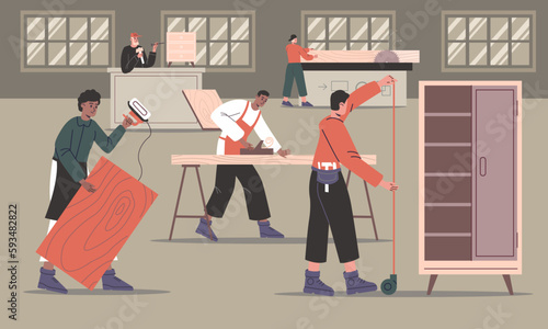 Furniture assembly. Carpentry shop workers. Wood processing. Woodworking manufacture process. Men making interior objects. People are sawing and drilling timber planks. Vector concept