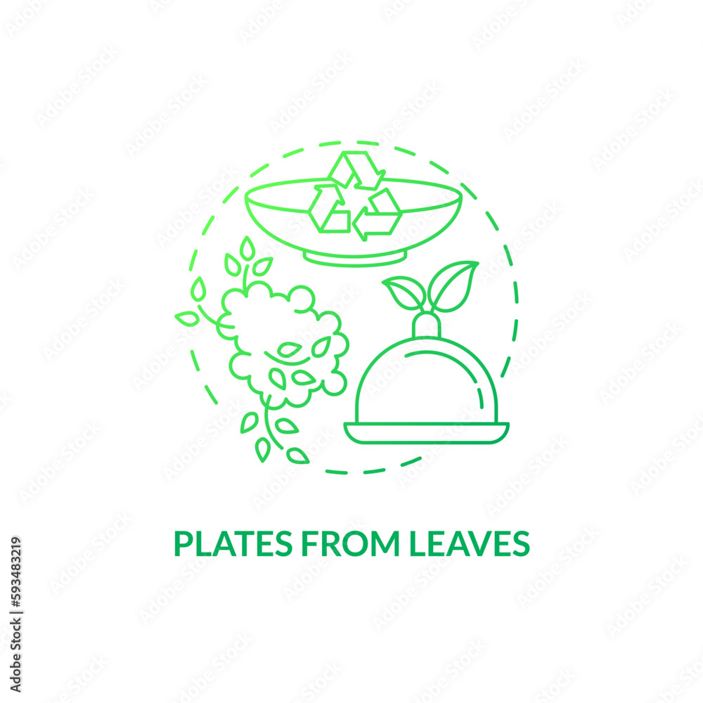 Plates from leaves green gradient concept icon. Recyclable food packaging. Zero waste. Disposable tableware idea thin line illustration. Isolated outline drawing. Myriad Pro-Bold font used Plates from leaves green gradient concept icon. Recyclable food packaging. Zero waste. Disposable tableware idea thin line illustration. Isolated outline drawing. Myriad Pro-Bold font used