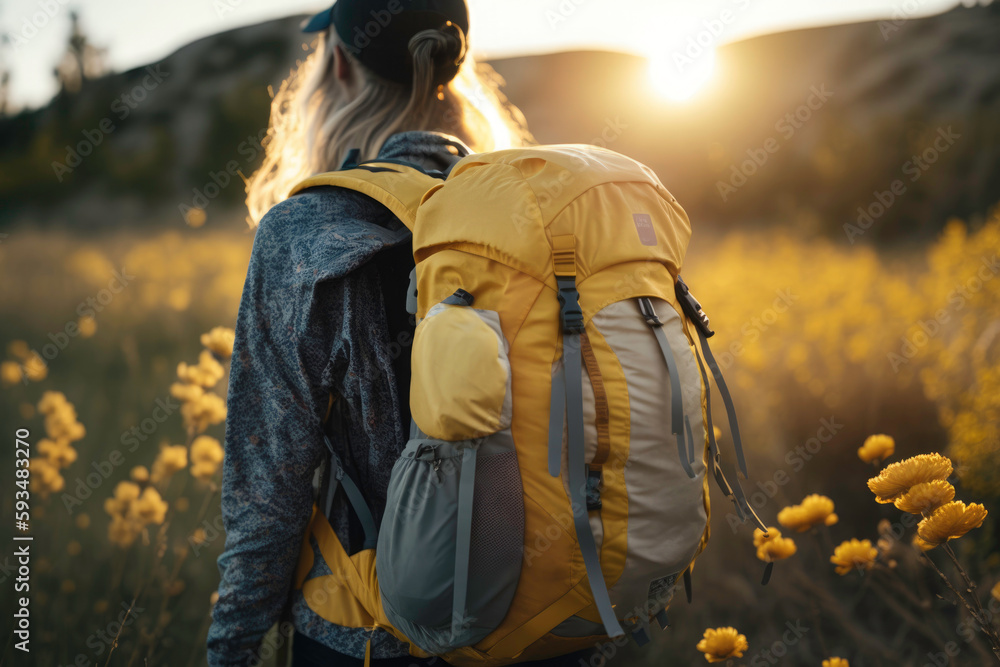 Exploring nature. back view portrait of confident girl with yellow backpack walking through flower meadow. travel, hiking Generative AI
