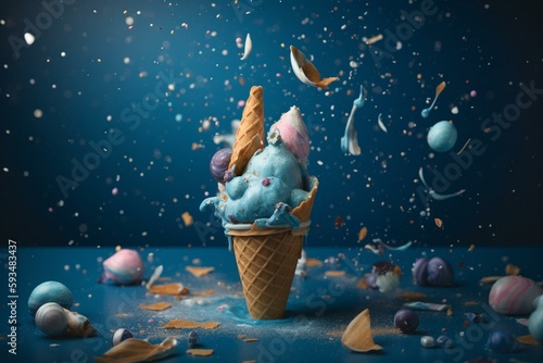 a scoop of ice cream with various toppings on it and a blue background with stars and confetti around it Generative AI