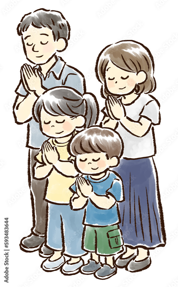 合掌する夏服の4人家族の手描きイラスト お盆 お墓参り 合掌する夏服の4人家族の手描きイラスト お盆 お墓参り
