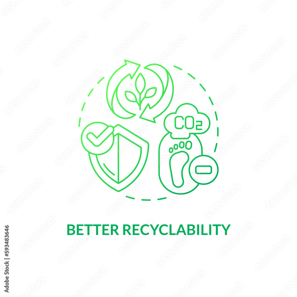 Better recyclability green gradient concept icon. Carbon footprint reduction. Bio based materials benefit idea thin line illustration. Isolated outline drawing. Myriad Pro-Bold font used