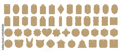 Big set of vector cardboard gift tags, name card, discount label. Templates for cookie cutters or vintage labels. Kraft paper or cardboard label for gift wrapping in retro style. Sticker template.