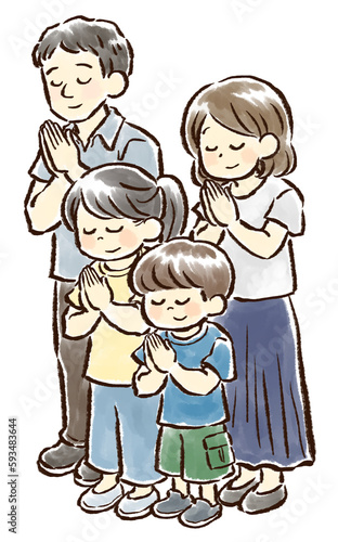 合掌する夏服の4人家族の手描きイラスト　お盆　お墓参り