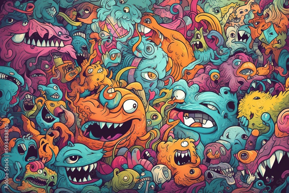 illustration, many monsters of multiple colors, generative ai
