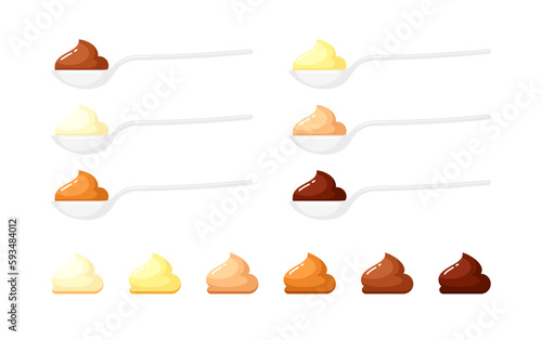 White spoons with yogurt, ice cream, cheese sauce, butter, caramel, milk and dark chocolate. Vector flat icons of mayonnaise, sour, peanut and ghee butter, custard, banana, apple puree. Side view