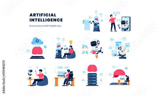 Artificial Intelligence future technology with robot machine learning computation to help human task illustration with flat color style set for ui webpage
