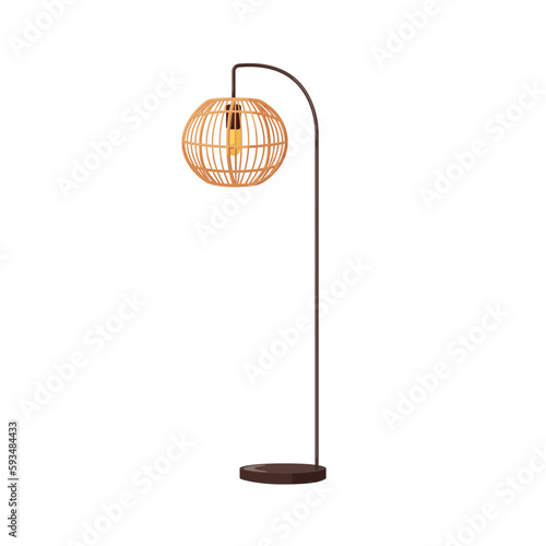Floor lamp with rattan wicker shade, tall metal leg in modern boho style. Electric lightbulb, woven lampshade, interior light decoration. Flat graphic vector illustration isolated on white background