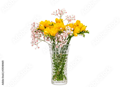Wallpaper Mural 흰색 배경에 유리 꽃병 속의 노란색 프리지아꽃과 안개꽃 Torontodigital.ca