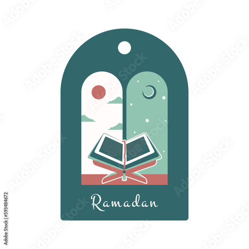 Ramadan Kareem. Islamic gift tag with Koran and rosary. Vector holiday illustration in green colors.