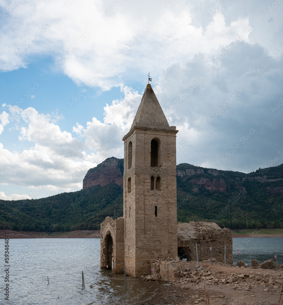 Photography of the church with bell tower in the Sau Reservoir